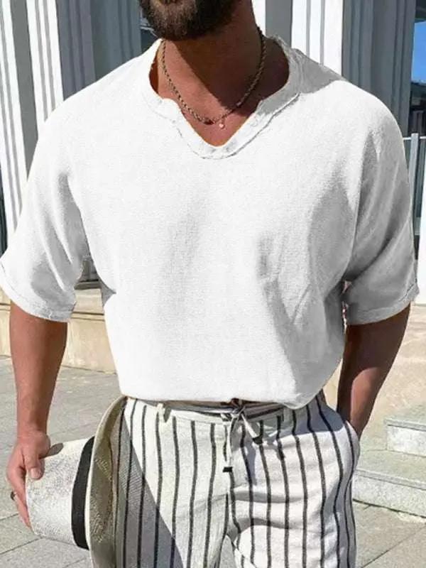 Stylish Men's Short Sleeve V-Neck Woven Top - Perfect for Every Occasion - MENLL